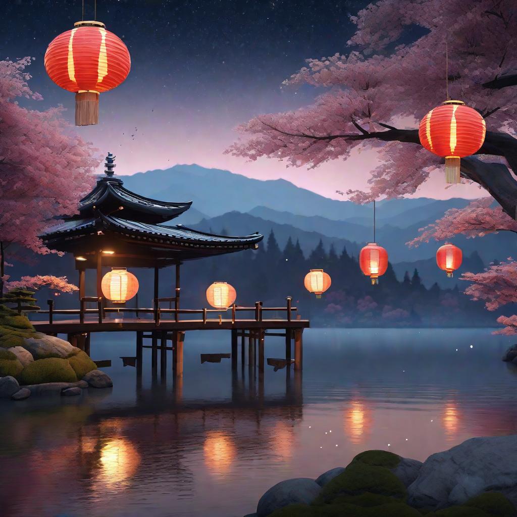  masterpiece, best quality, (Fidelity: 1.4), Best Quality, Masterpiece, Ultra High Resolution, 8k resolution, A night view inspired by Japanese art, featuring a garden illuminated by paper lanterns and a wooden bridge spanning a tranquil lake, by the lakeside, there is a small Zen temple. The water reflects the starry sky.