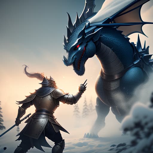  A knight fights a dragon in a winter forest hyperrealistic, full body, detailed clothing, highly detailed, cinematic lighting, stunningly beautiful, intricate, sharp focus, f/1. 8, 85mm, (centered image composition), (professionally color graded), ((bright soft diffused light)), volumetric fog, trending on instagram, trending on tumblr, HDR 4K, 8K