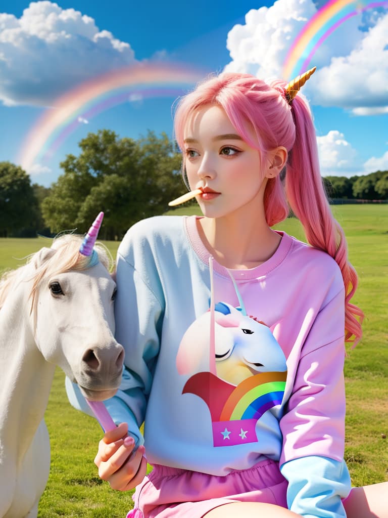  a girl eating ice cream with unicorn in background with clouds and a rainbow