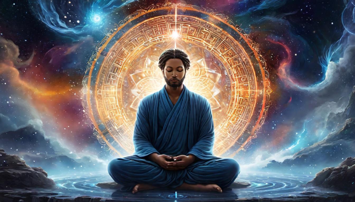  digital illustration, A figure sitting cross legged in meditative pose, eyes closed, surrounded by a swirling vortex of light and cosmic mist, symbols and runes floating around the vortex, serene expression, energies converging, inner peace, spiritual awakening., looking at viewer, dynamic pose, (intricate details, masterpiece, best quality)