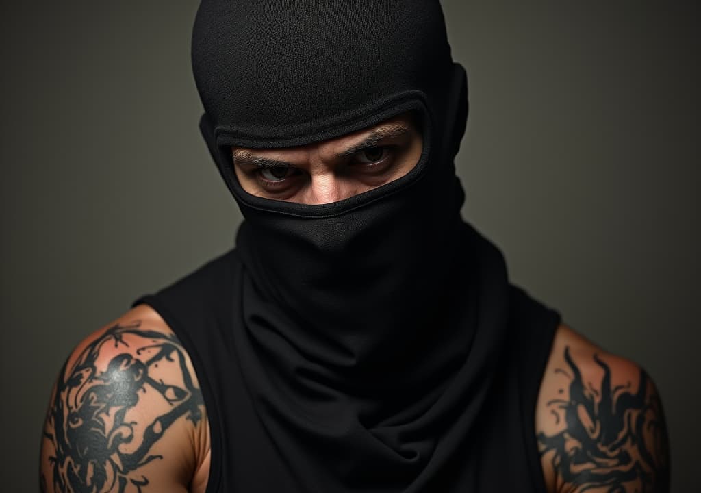  good quality, high quality, a demon gangster with a balaclava and with tattoes, with plain hellish background