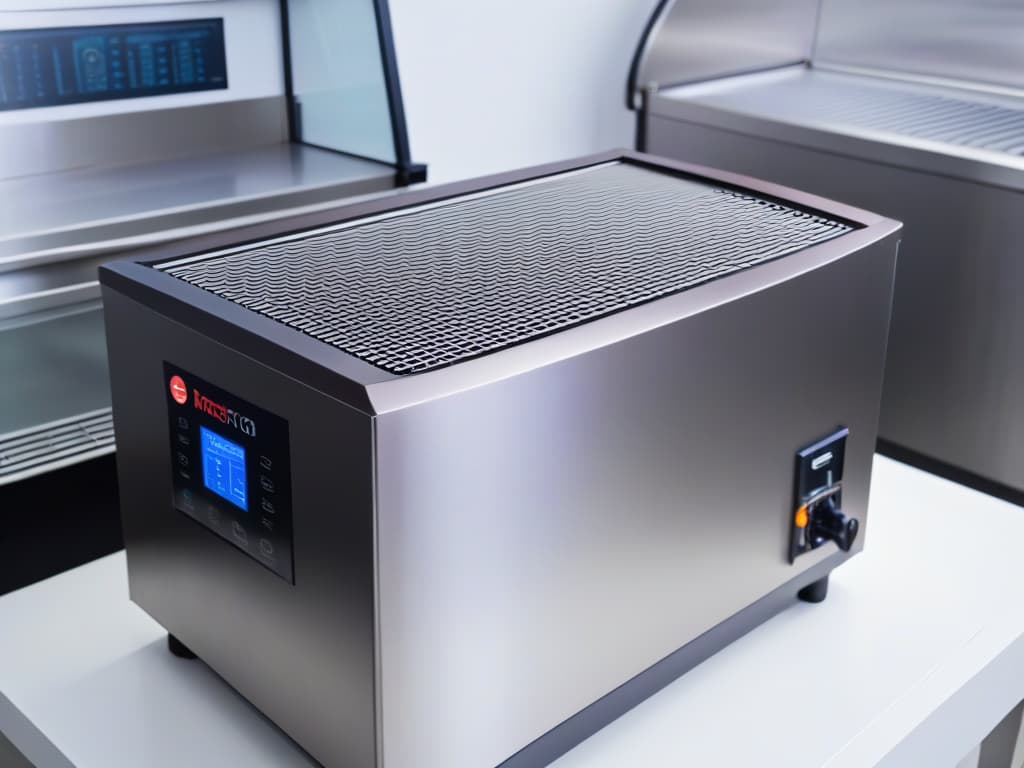  A sleek, minimalist image of a professionalgrade chocolate tempering machine, showcasing its precise temperature controls and elegant design. The machine is set against a clean, white backdrop, with soft lighting emphasizing its glossy stainless steel exterior. The focus is on the intricate digital display and the smooth curves of the machine, evoking a sense of precision and sophistication in chocolate craftsmanship. hyperrealistic, full body, detailed clothing, highly detailed, cinematic lighting, stunningly beautiful, intricate, sharp focus, f/1. 8, 85mm, (centered image composition), (professionally color graded), ((bright soft diffused light)), volumetric fog, trending on instagram, trending on tumblr, HDR 4K, 8K