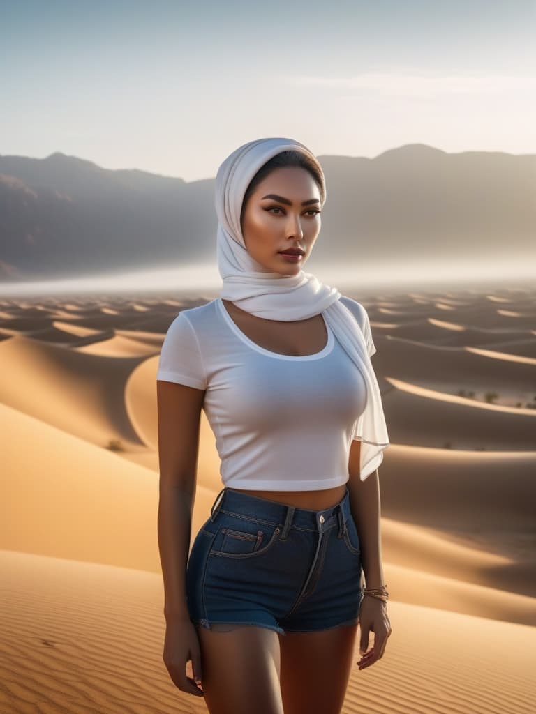  Half body portrait,Young Asian Man Tourist wear casual short sleeve t shirt and shorts , tie a solid white casual Headscarf standing in desert, look at to camera, cinematic lighting, stunningly beautiful, intricate, sharp focus, f/1. 8, 85mm, (professionally color graded), ((bright soft diffused light)), volumetric fog, trending on instagram, trending on tumblr, HDR 4K, 8K hyperrealistic, full body, detailed clothing, highly detailed, cinematic lighting, stunningly beautiful, intricate, sharp focus, f/1. 8, 85mm, (centered image composition), (professionally color graded), ((bright soft diffused light)), volumetric fog, trending on instagram, trending on tumblr, HDR 4K, 8K