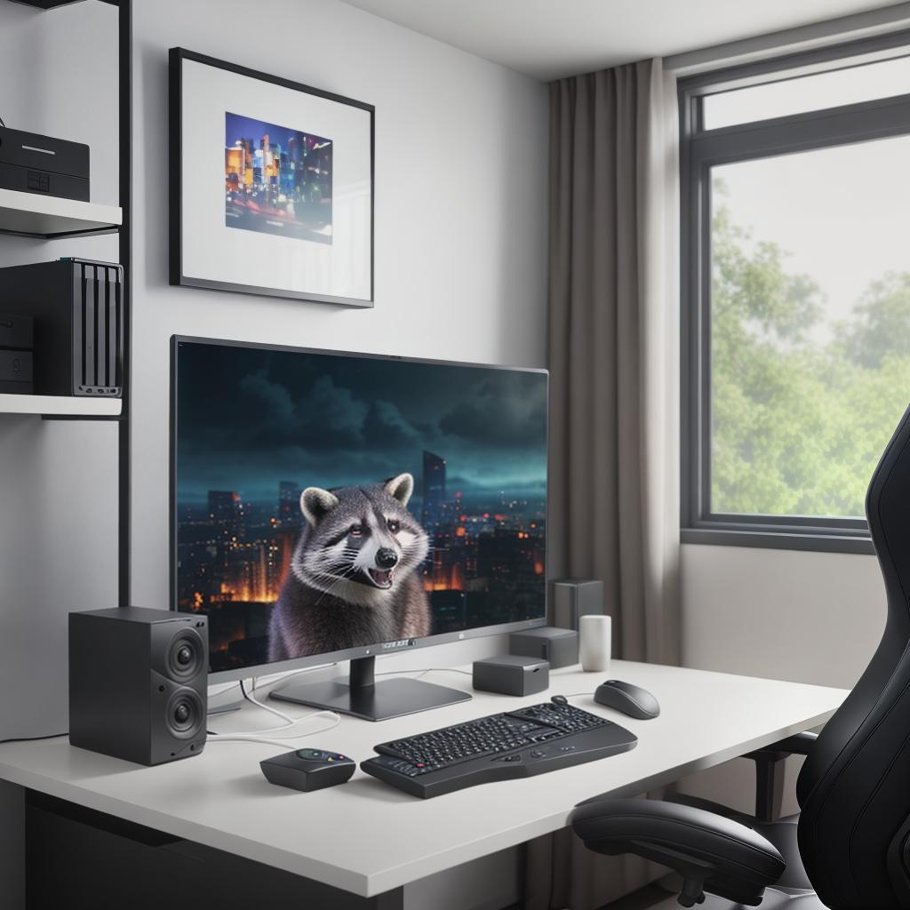  raccoon sitting in gaming chair front a computer on desktop, ((semi anthropomorphic)),(full body), tail, belly, sitting, fat, (chubby), (((white background))), solo, desktop, gaming chair, side view,  [[[clothes]]] hyperrealistic, full body, detailed clothing, highly detailed, cinematic lighting, stunningly beautiful, intricate, sharp focus, f/1. 8, 85mm, (centered image composition), (professionally color graded), ((bright soft diffused light)), volumetric fog, trending on instagram, trending on tumblr, HDR 4K, 8K