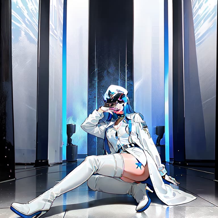  (ultra detailed), (masterpiece), (best quality), (depth of field), (sharp focus), (cinematic lighting), (vint colors), 1 , (esdeath:1.4), (white v neck military jacket:1.5), (white outfit:1.2), (white heeled thigh high boots:1.5), (white :1.3), white belt, (white navy cap:1.3), akema ga kill, black collar choker, (long straight light blue hair:1.3) parted bangs, (sharp blue eyes:1.1), ( big :1.5), (showing skin:1.6), (showing black tattoo:1.4), (crazy smile expression:1.2), (icy pillar background:1.3), pale skin, (close up:1.2), 4k, 8k, wlop