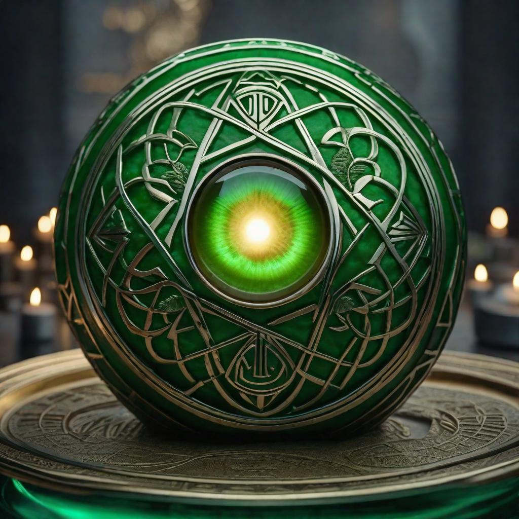  green eyeball double helix magical matrix shiny vision unify green candle runestone hyperrealistic, full body, detailed clothing, highly detailed, cinematic lighting, stunningly beautiful, intricate, sharp focus, f/1. 8, 85mm, (centered image composition), (professionally color graded), ((bright soft diffused light)), volumetric fog, trending on instagram, trending on tumblr, HDR 4K, 8K