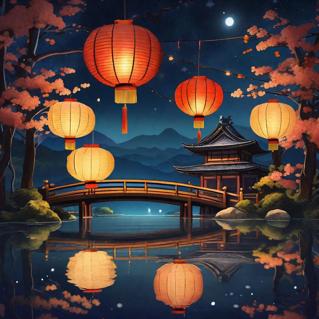  masterpiece, best quality, (Fidelity: 1.4), Best Quality, Masterpiece, Ultra High Resolution, 8k resolution, A night view inspired by Japanese art, featuring a garden illuminated by paper lanterns and a wooden bridge spanning a tranquil lake, by the lakeside, there is a small Zen temple. The water reflects the starry sky.