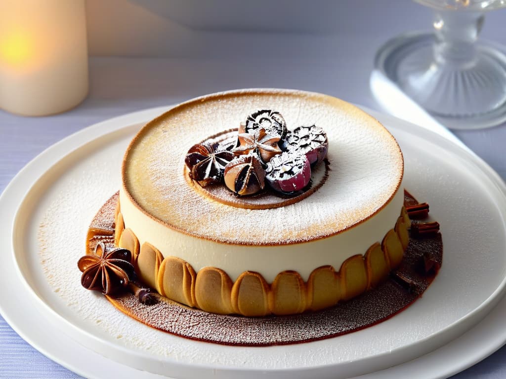  A closeup, ultrahighresolution image of a delicately crafted European dessert, showcasing intricate layers of spiced pastry, adorned with a dusting of vibrant cinnamon and cloves. The dessert is elegantly presented on a sleek, modern plate, against a backdrop of soft, diffused lighting that highlights the textures and colors of the dessert, creating a visually striking and appetizing scene. hyperrealistic, full body, detailed clothing, highly detailed, cinematic lighting, stunningly beautiful, intricate, sharp focus, f/1. 8, 85mm, (centered image composition), (professionally color graded), ((bright soft diffused light)), volumetric fog, trending on instagram, trending on tumblr, HDR 4K, 8K