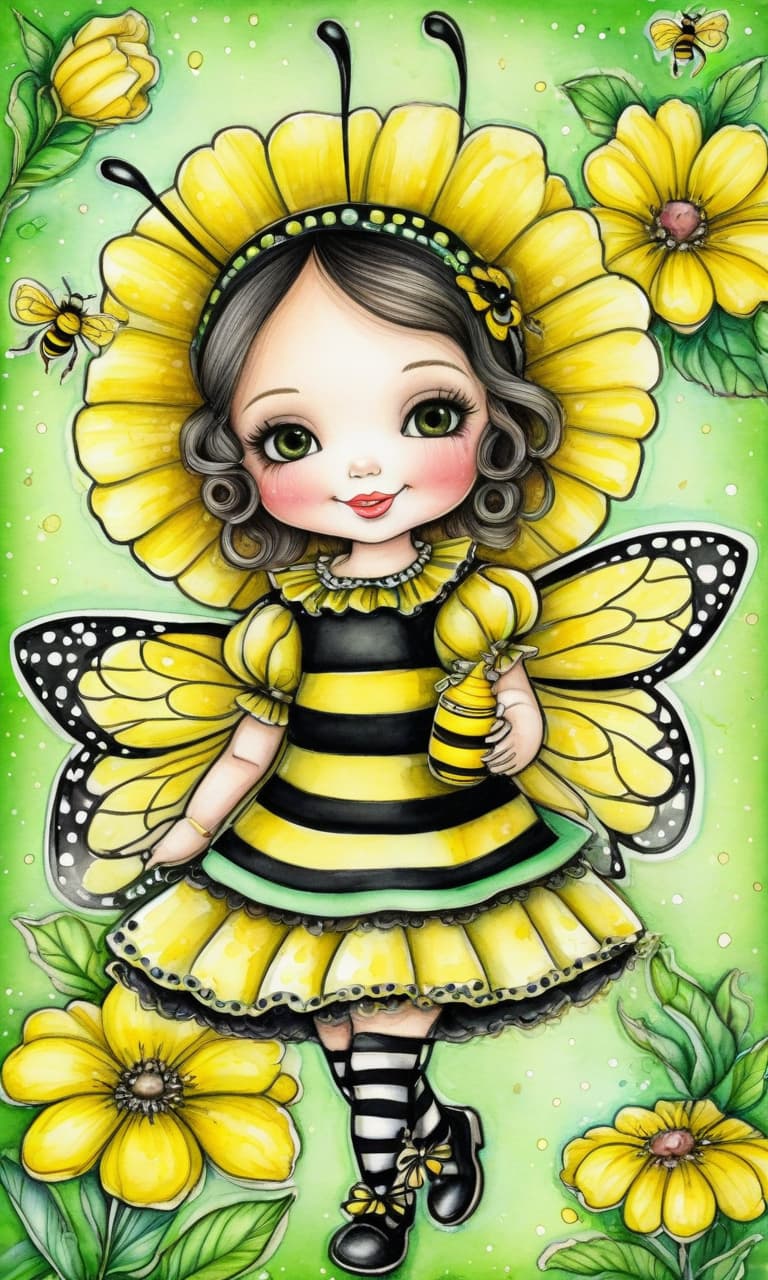  Flat Image. Drawing with colored pencils on watercolor paper. Flat without volume. Cartoon, posters. Gorjuss doll with chibi elements. In a cute carnival costume of a bee: black and yellow colors, wings. Charming, cute, optimistic. Background: light green, frame with expressive, bright floral decoration. Victorian postcard style, inspired by the manner of works by Susan Woolcott, Mab Graves, Tatiana Suarez. Hyperdetailed, high quality. hyperrealistic, full body, detailed clothing, highly detailed, cinematic lighting, stunningly beautiful, intricate, sharp focus, f/1. 8, 85mm, (centered image composition), (professionally color graded), ((bright soft diffused light)), volumetric fog, trending on instagram, trending on tumblr, HDR 4K, 8K