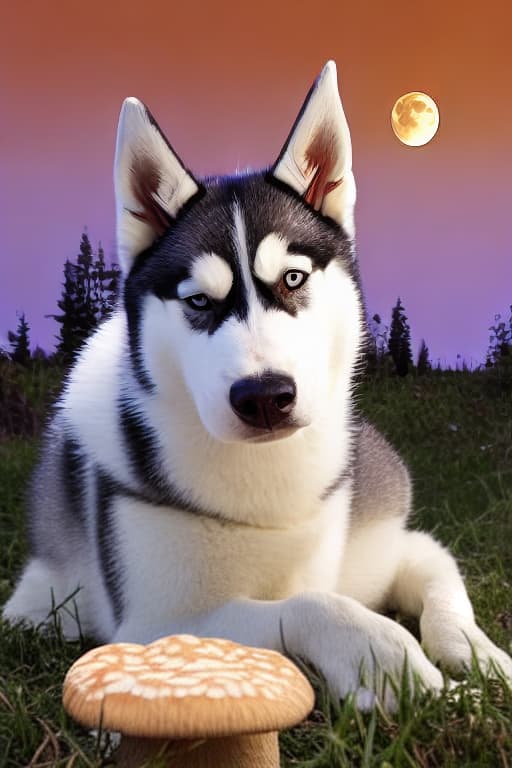  Husky Sitting on a mushroom staring at the moon