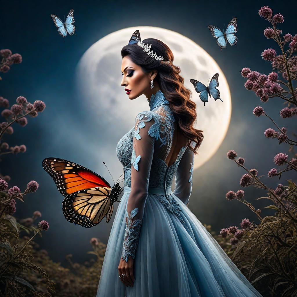  Butterfly in the moon hyperrealistic, full body, detailed clothing, highly detailed, cinematic lighting, stunningly beautiful, intricate, sharp focus, f/1. 8, 85mm, (centered image composition), (professionally color graded), ((bright soft diffused light)), volumetric fog, trending on instagram, trending on tumblr, HDR 4K, 8K