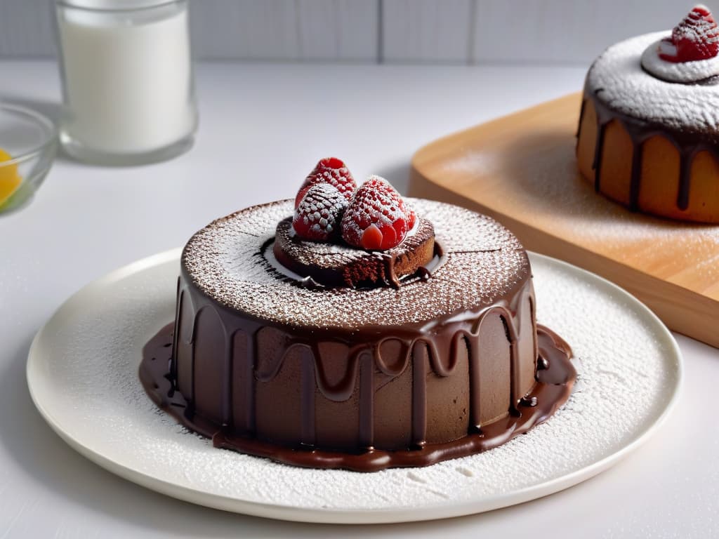  An ultradetailed 8k image of a decadent chocolate lava cake, perfectly plated on a sleek, modern white dish, topped with a dusting of powdered sugar and a single fresh raspberry glistening with condensation. The cake is oozing rich, molten chocolate from its center, captured in exquisite detail where every crumb, texture, and shine is immaculately highlighted in the shot. The background is a soft focus, blurred kitchen setting, emphasizing the dessert as the focal point of the image, inviting the viewer to indulge in its lusciousness. hyperrealistic, full body, detailed clothing, highly detailed, cinematic lighting, stunningly beautiful, intricate, sharp focus, f/1. 8, 85mm, (centered image composition), (professionally color graded), ((bright soft diffused light)), volumetric fog, trending on instagram, trending on tumblr, HDR 4K, 8K