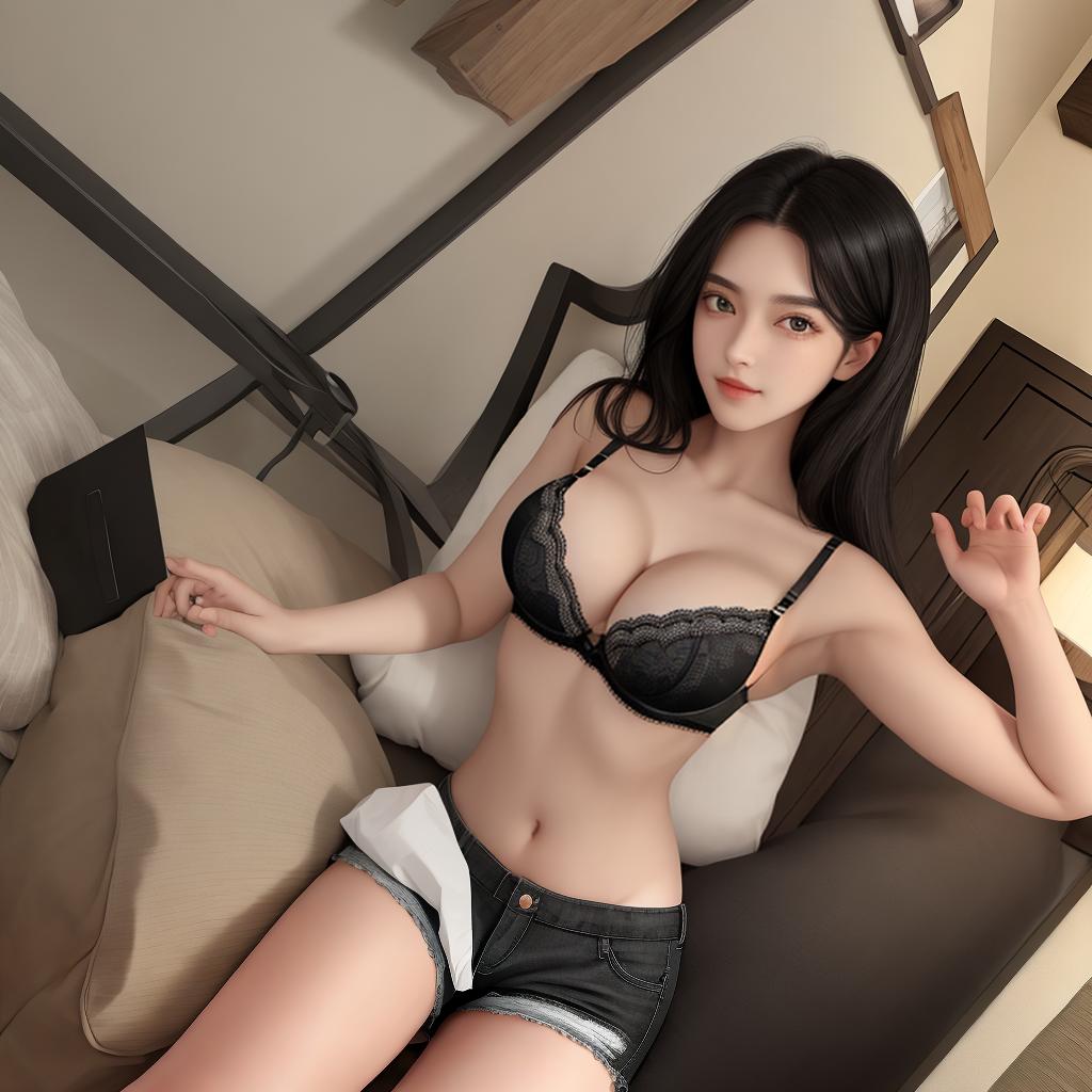  masterpiece, best quality, hazel eyes black hair shorts and bra