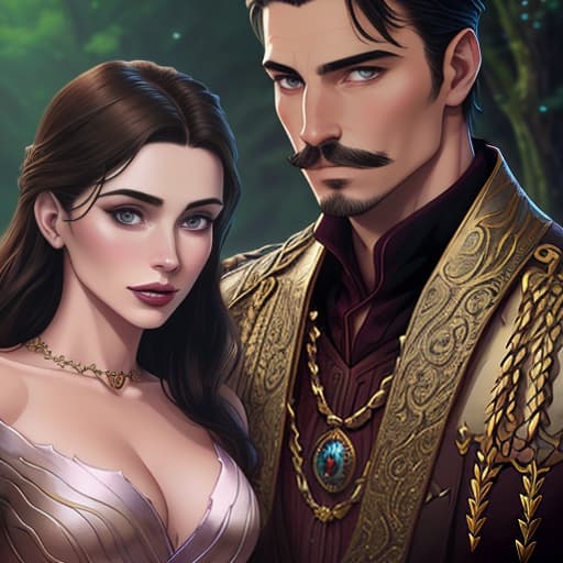  Cover for a fantasy novel, in high quality without flaws. Detailed digital painting, a handsome young man with dark hair and dark eyes, no beard and mustache, and a beautiful dark haired girl stand in fantasy clothing. The girl covers the man's eyes while standing behind him, a portrait photo in high quality., Photorealistic, Hyperrealistic, Hyperdetailed, analog style, demure, detailed skin, pores, smirk, smiling eyes, matte skin, soft lighting, subsurface scattering, realistic, heavy shadow, masterpiece, best quality, ultra realistic, 8k, golden ratio, Intricate, High Detail, film photography, soft focus hyperrealistic, full body, detailed clothing, highly detailed, cinematic lighting, stunningly beautiful, intricate, sharp focus, f/1. 8, 85mm, (centered image composition), (professionally color graded), ((bright soft diffused light)), volumetric fog, trending on instagram, trending on tumblr, HDR 4K, 8K