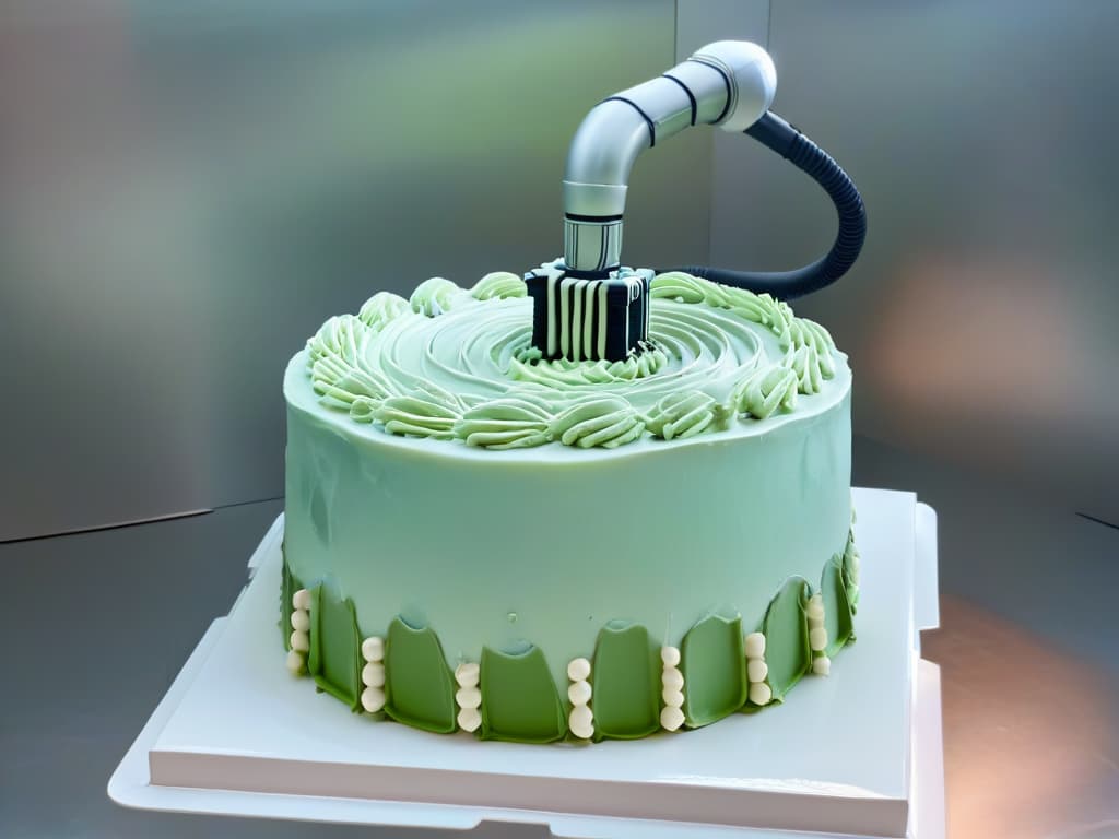  A sleek and modern robotic arm, intricately piping delicate frosting onto a multilayered cake with precision and artistry. The robot's metallic frame gleams under soft overhead lighting, showcasing its advanced technology as it creates intricate swirls and patterns on the cake's surface. The backdrop is a simple, clean kitchen setting, emphasizing the futuristic yet elegant nature of robotic assistance in the world of pastry. hyperrealistic, full body, detailed clothing, highly detailed, cinematic lighting, stunningly beautiful, intricate, sharp focus, f/1. 8, 85mm, (centered image composition), (professionally color graded), ((bright soft diffused light)), volumetric fog, trending on instagram, trending on tumblr, HDR 4K, 8K