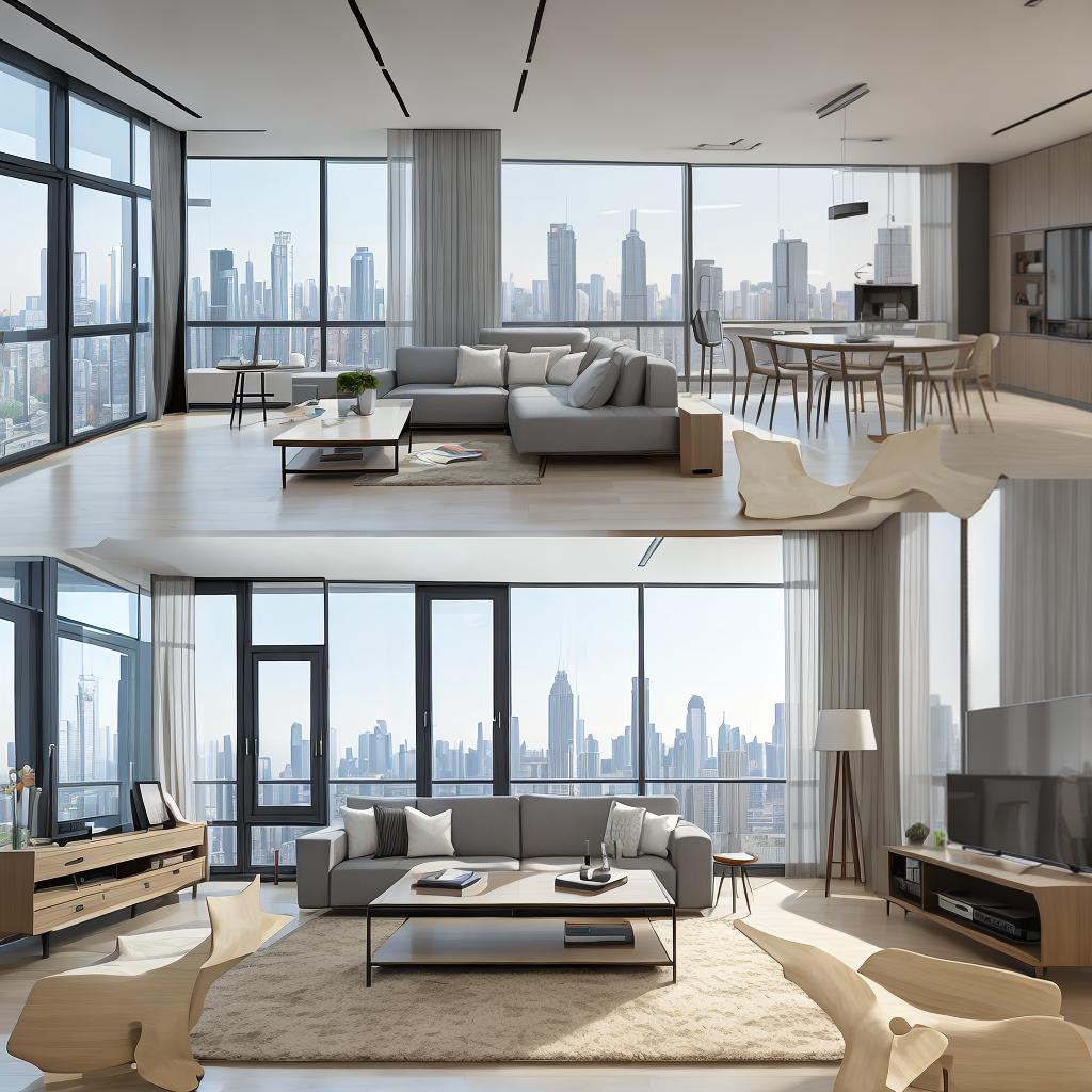  masterpiece, best quality, best quality, masterpiece, 8k resolution, high resolution apartment Living room concept art with floor-to-ceiling windows and modern furniture