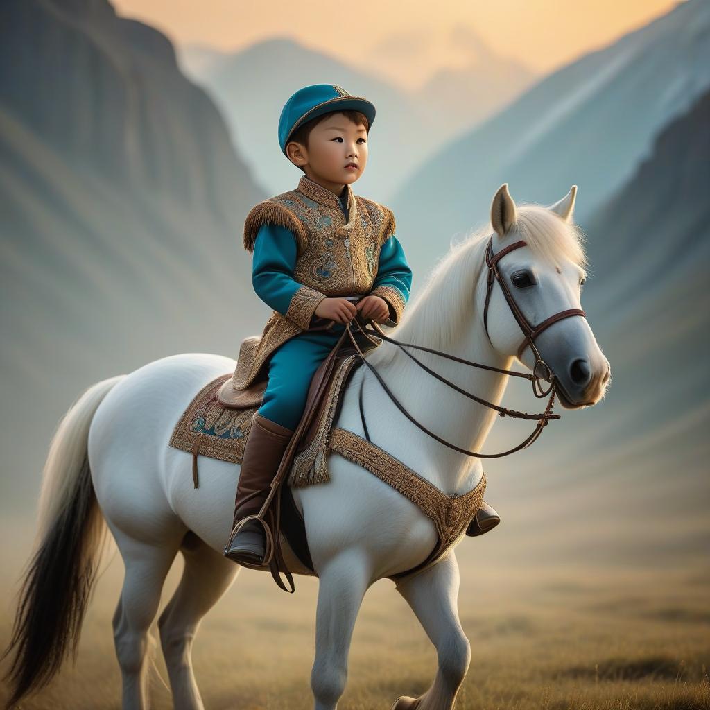  A small boy on a horse. In national clothing of Kazakhstan. hyperrealistic, full body, detailed clothing, highly detailed, cinematic lighting, stunningly beautiful, intricate, sharp focus, f/1. 8, 85mm, (centered image composition), (professionally color graded), ((bright soft diffused light)), volumetric fog, trending on instagram, trending on tumblr, HDR 4K, 8K