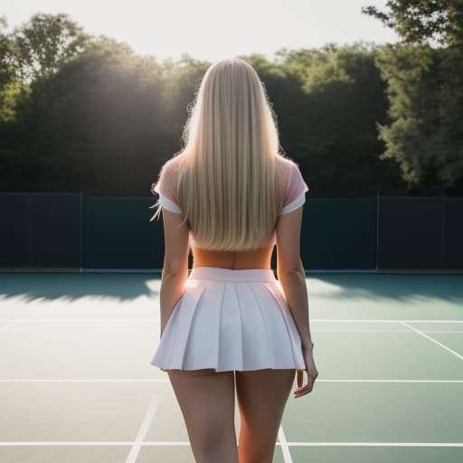  long blonde haired woman, standing on tennis court, pink shirt held up showing big boobs, white skirt held up showing big fake ass, good lighting, cinematic lighting, photorealistic, hd, 8k. photo taken from behind, naked hyperrealistic, full body, detailed clothing, highly detailed, cinematic lighting, stunningly beautiful, intricate, sharp focus, f/1. 8, 85mm, (centered image composition), (professionally color graded), ((bright soft diffused light)), volumetric fog, trending on instagram, trending on tumblr, HDR 4K, 8K