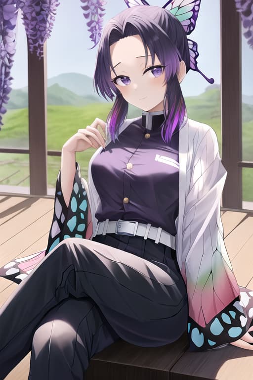  crossed legs. sitting,masterpiece, best quality, kochou shinobu, multicolored hair, no bangs, hair intakes, purple eyes, forehead, black shirt, black pants, haori, butterfly, buttons, belt