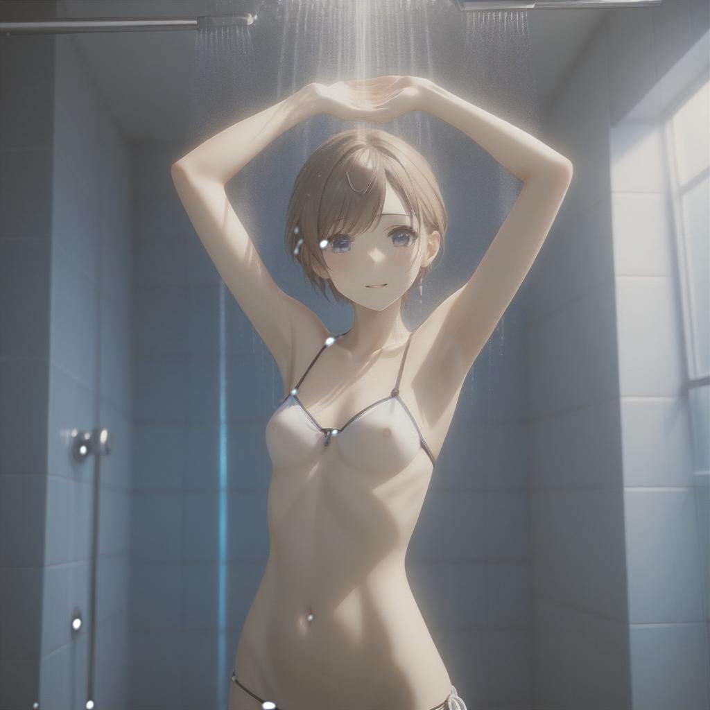  ultra realistic photo of a 12 beautiful completely  skinny  under the shower , flat chest, cold water, goose bumps, arms high up in the air, photo-realistic, full body, highly detailed, cinematic lighting, stunningly beautiful, intricate, sharp focus, f/1. 8, 85mm, (centered image composition), (professionally color graded), ((bright soft diffused light)), volumetric fog, trending on instagram, trending on tumblr, HDR 4K, 8K hyperrealistic, full body, detailed clothing, highly detailed, cinematic lighting, stunningly beautiful, intricate, sharp focus, f/1. 8, 85mm, (centered image composition), (professionally color graded), ((bright soft diffused light)), volumetric fog, trending on instagram, trending on tumblr, HDR 4K, 8K