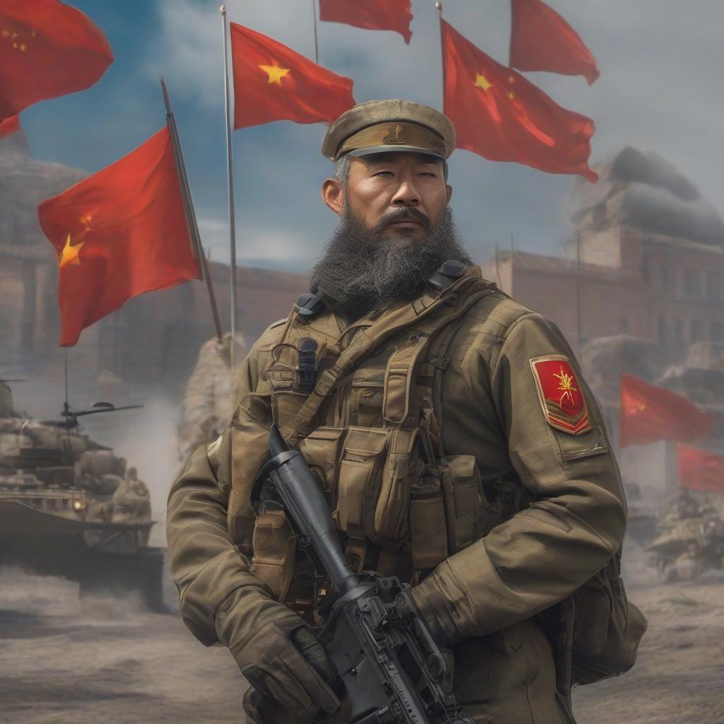  A Chinese man in military uniform, a drone is flying, the flag of Russia. hyperrealistic, full body, detailed clothing, highly detailed, cinematic lighting, stunningly beautiful, intricate, sharp focus, f/1. 8, 85mm, (centered image composition), (professionally color graded), ((bright soft diffused light)), volumetric fog, trending on instagram, trending on tumblr, HDR 4K, 8K