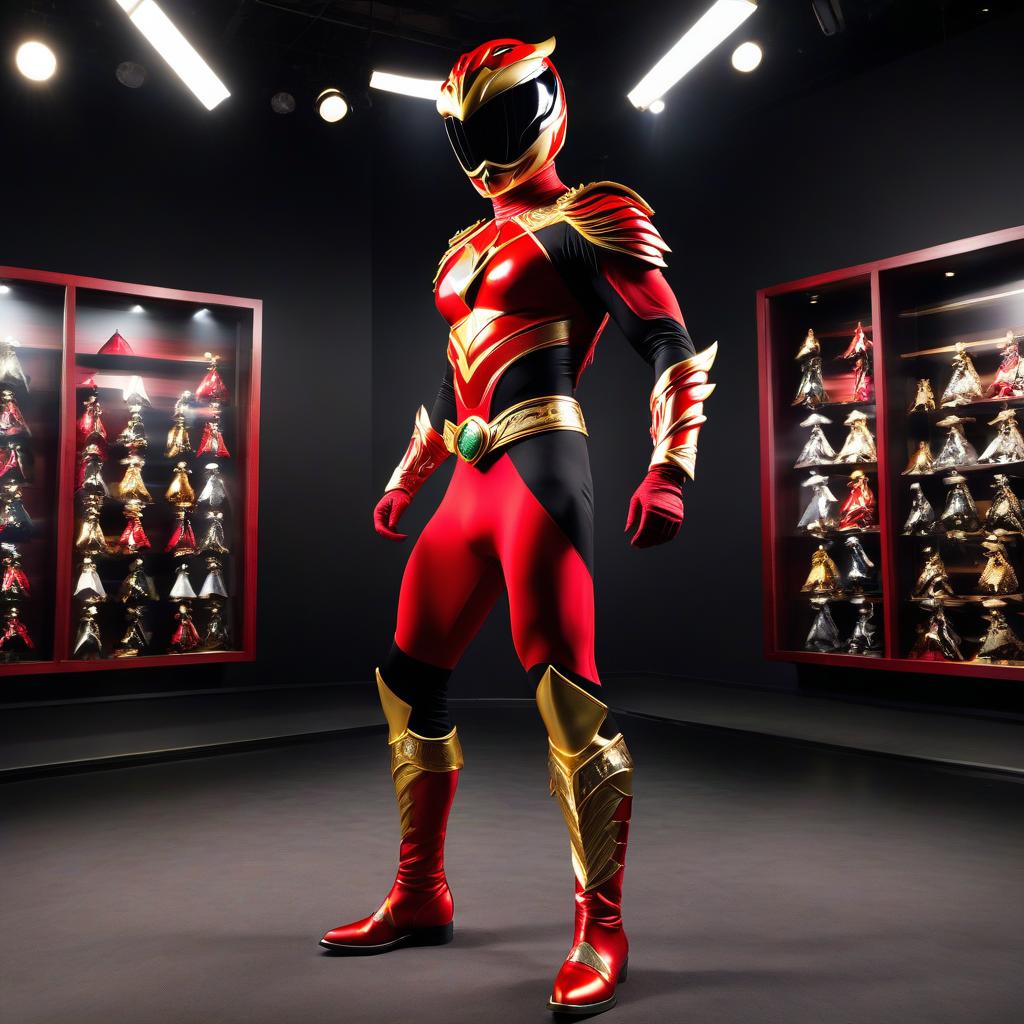  Red Power Ranger, black spandex which, the costume is wearing a red kimono with a gold shuriken pattern and gold accessories. Red spandex boots with gold patterns on them. A red face covering helmet in the shape of a Gigantoraptor head. hyperrealistic, full body, detailed clothing, highly detailed, cinematic lighting, stunningly beautiful, intricate, sharp focus, f/1. 8, 85mm, (centered image composition), (professionally color graded), ((bright soft diffused light)), volumetric fog, trending on instagram, trending on tumblr, HDR 4K, 8K