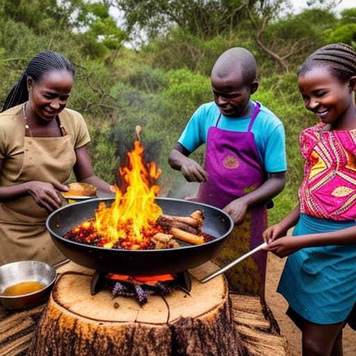  African family cooking food on fire wood