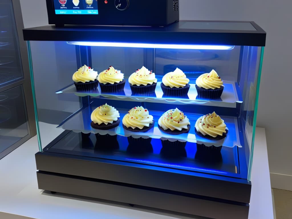  An ultradetailed, 8k resolution image of a sleek, modern cupcake machine with a matte black finish, featuring LED touchscreen controls and a transparent lid showcasing perfectly baked cupcakes inside. hyperrealistic, full body, detailed clothing, highly detailed, cinematic lighting, stunningly beautiful, intricate, sharp focus, f/1. 8, 85mm, (centered image composition), (professionally color graded), ((bright soft diffused light)), volumetric fog, trending on instagram, trending on tumblr, HDR 4K, 8K