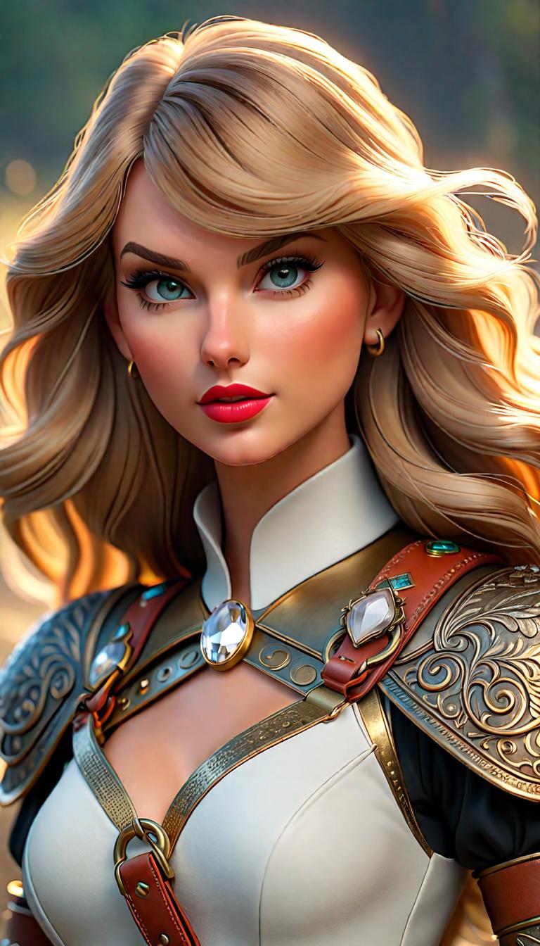  Professional 3D model of Taylor Swift as a white Gallowglass warrior with a white gem on her belt . Rendered with Octane, the model is highly detailed,dramatic lighting. hyperrealistic, full body, detailed clothing, highly detailed, cinematic lighting, stunningly beautiful, intricate, sharp focus, f/1. 8, 85mm, (centered image composition), (professionally color graded), ((bright soft diffused light)), volumetric fog, trending on instagram, trending on tumblr, HDR 4K, 8K