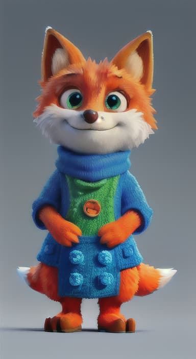  {Error the fox pressing the blue button with his paw, looking puzzled as nothing occurs., Error is a small, bright orange fox with a fluffy tail and big, inquisitive eyes. He has a mischievous yet kind expression and wears a tiny green scarf.