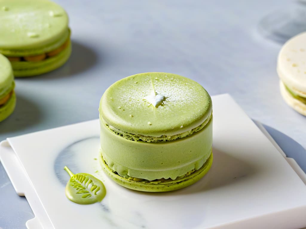  A closeup, ultradetailed image of a delicate matcha green tea macaron, perfectly crafted with a smooth, glossy surface and a light dusting of vibrant green matcha powder. The macaron rests on a pristine white marble countertop, showcasing its intricate details and inviting texture. The natural lighting highlights the subtle ridges and soft pastel hue of the dessert, evoking a sense of elegance and precision in matchainfused pastry creation. hyperrealistic, full body, detailed clothing, highly detailed, cinematic lighting, stunningly beautiful, intricate, sharp focus, f/1. 8, 85mm, (centered image composition), (professionally color graded), ((bright soft diffused light)), volumetric fog, trending on instagram, trending on tumblr, HDR 4K, 8K