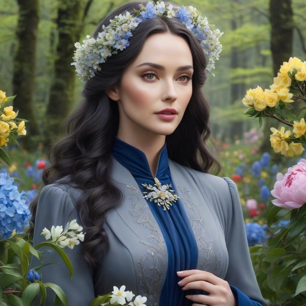  Luthien Tinuviel. A very pretty girl. Grey eyes. Forest, silver crown on her forehead, blue coat. ((Sparkling rim)): spring field, hyacinths, roses, rosehips, rose hips, peonies, cherry tree, yellow, red, black flowers, forget me nots. hyperrealistic, full body, detailed clothing, highly detailed, cinematic lighting, stunningly beautiful, intricate, sharp focus, f/1. 8, 85mm, (centered image composition), (professionally color graded), ((bright soft diffused light)), volumetric fog, trending on instagram, trending on tumblr, HDR 4K, 8K