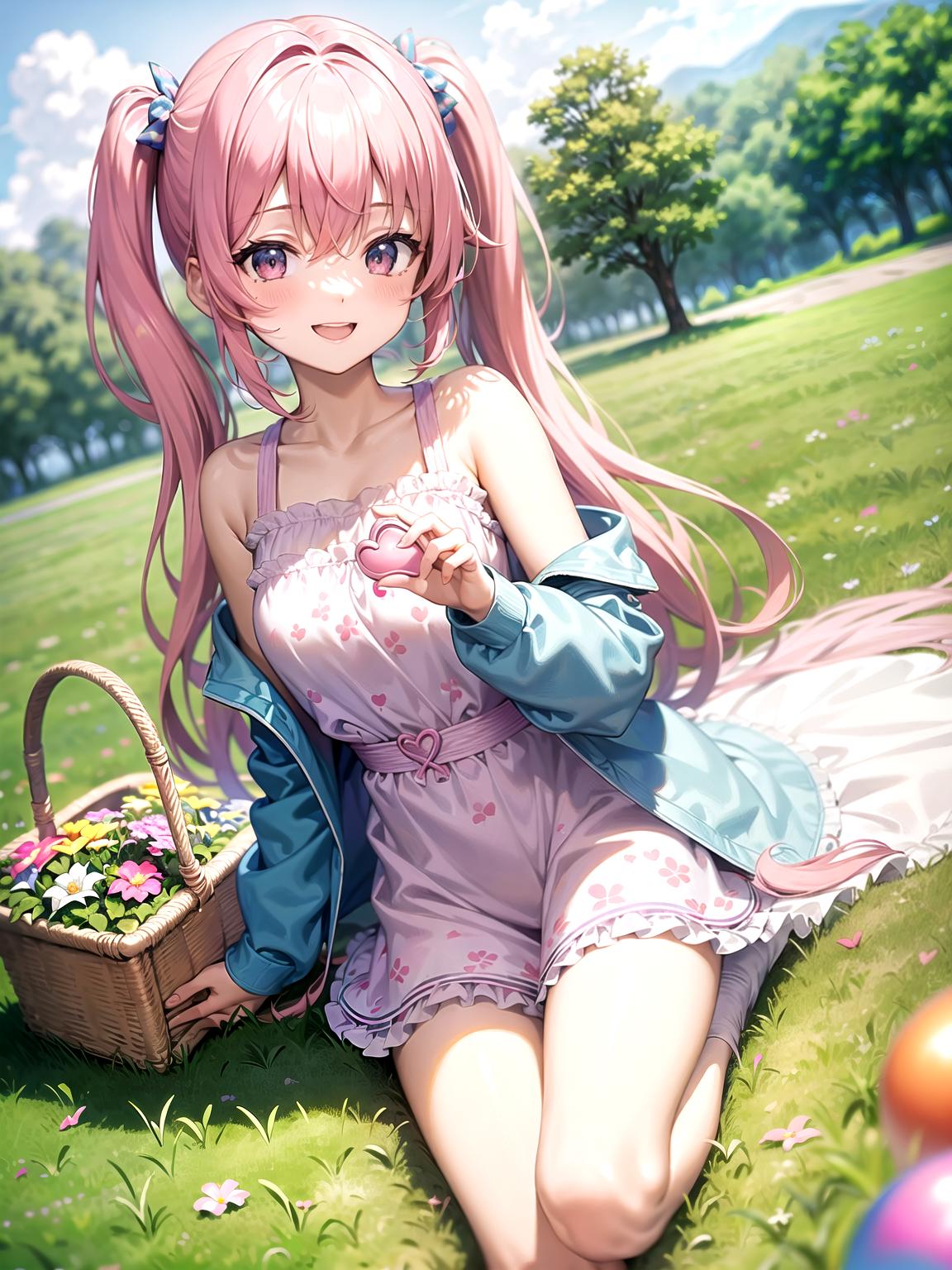  master piece, best quality, ultra detailed, highres, 4k.8k, Pink haired girl with twin tails and a blue jacket, Smiling and holding a heart shaped balloon, Exudes a cheerful and lively expression, BREAK A dreamy girl's day out, A vibrant, pastel colored park, Heart shaped balloons, a flower filled picnic basket, and a fluffy pink blanket, BREAK Radiates a whimsical and carefree vibe, Soft, warm lighting and a gentle breeze blowing through the park,