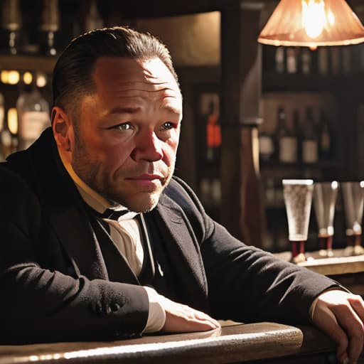  The actor Stephen Graham represents the devil and has a menacing smirk to his face. He sits at a bar looking towards the camera and barman with the pub behind him. The is lit chiaroscuro.