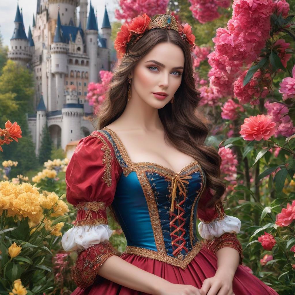  Neuschwanstein. A very pretty girl. Brown hair, blue eyes. Same eye size.((Sparkling rim)): spring field, hyacinths, roses, rosehips, rose hips, peonies, cherry tree, yellow, red, black flowers, forget me nots. hyperrealistic, full body, detailed clothing, highly detailed, cinematic lighting, stunningly beautiful, intricate, sharp focus, f/1. 8, 85mm, (centered image composition), (professionally color graded), ((bright soft diffused light)), volumetric fog, trending on instagram, trending on tumblr, HDR 4K, 8K