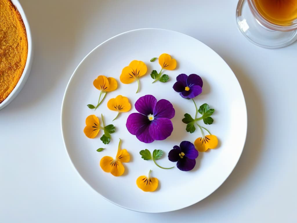  A highresolution, ultradetailed image of an elegant, minimalistic dessert plate adorned with a variety of vibrant, edible flowers such as pansies, violets, and nasturtiums. The focus is on the intricate details of each delicate petal and the contrasting colors against the pristine white plate, showcasing a visually stunning and appetizing presentation that embodies the essence of chic minimalism in culinary decoration. hyperrealistic, full body, detailed clothing, highly detailed, cinematic lighting, stunningly beautiful, intricate, sharp focus, f/1. 8, 85mm, (centered image composition), (professionally color graded), ((bright soft diffused light)), volumetric fog, trending on instagram, trending on tumblr, HDR 4K, 8K