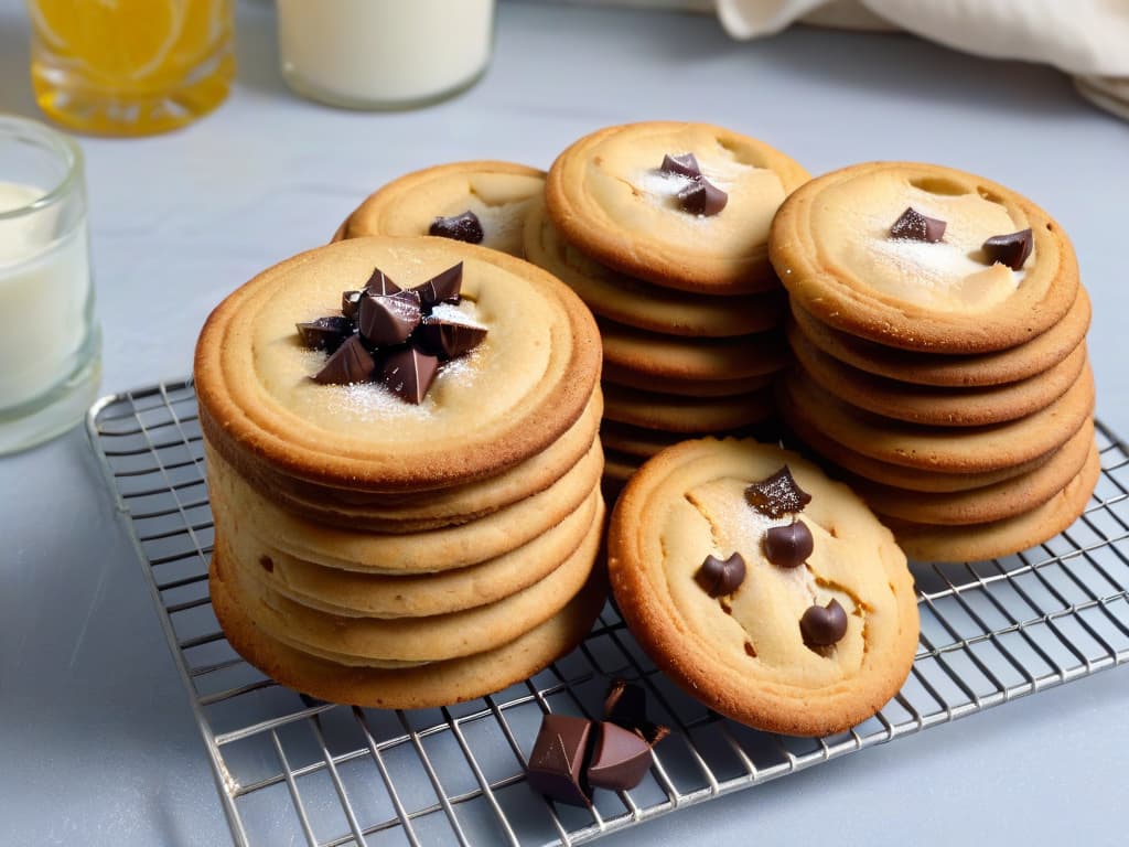  A serene and minimalistic image of a freshly baked batch of vegan cookies cooling on a wire rack, with a soft, diffused natural light casting gentle shadows. The cookies are perfectly golden brown, studded with chunks of dark chocolate, and a sprinkle of flaky sea salt on top. The background is a muted, neutral color to enhance the simplicity and elegance of the scene, inviting the viewer to feel inspired to create their own batch of delicious vegan treats. hyperrealistic, full body, detailed clothing, highly detailed, cinematic lighting, stunningly beautiful, intricate, sharp focus, f/1. 8, 85mm, (centered image composition), (professionally color graded), ((bright soft diffused light)), volumetric fog, trending on instagram, trending on tumblr, HDR 4K, 8K