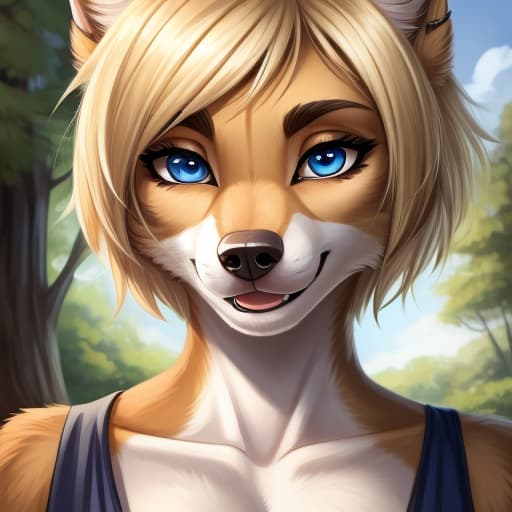  Anthro, Female, German Shepard, blue eyes, blond short hair, open eyes, digital art, masterpiece, 4k, fine details,