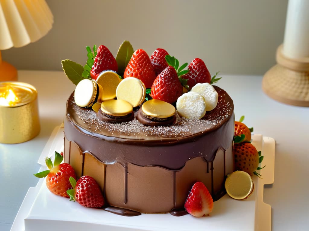  A closeup, photorealistic image of a decadent chocolate cake covered in edible metallic gold paint, shimmering under a spotlight to highlight its glamorous and luxurious appearance. The cake is elegantly decorated with edible gold flakes and surrounded by fresh strawberries and edible golddusted macarons, exuding a sense of sophistication and indulgence. hyperrealistic, full body, detailed clothing, highly detailed, cinematic lighting, stunningly beautiful, intricate, sharp focus, f/1. 8, 85mm, (centered image composition), (professionally color graded), ((bright soft diffused light)), volumetric fog, trending on instagram, trending on tumblr, HDR 4K, 8K