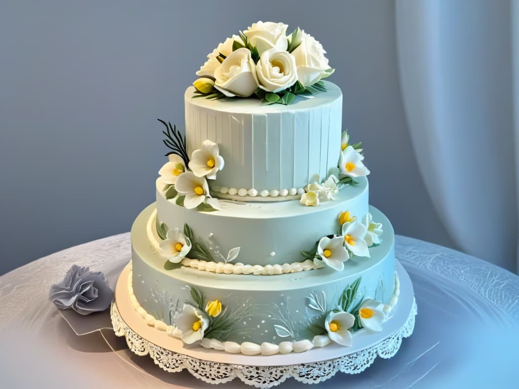  An ornate, vintage silver cake stand holding a beautifully crafted, intricate multitiered wedding cake. Each layer is adorned with delicate sugar flowers and intricate lace details, showcasing the artistry and elegance of Antonin Carême's pastry creations. The background is a soft, blurred focus, drawing the viewer's eye to the exquisite details of the cake. hyperrealistic, full body, detailed clothing, highly detailed, cinematic lighting, stunningly beautiful, intricate, sharp focus, f/1. 8, 85mm, (centered image composition), (professionally color graded), ((bright soft diffused light)), volumetric fog, trending on instagram, trending on tumblr, HDR 4K, 8K