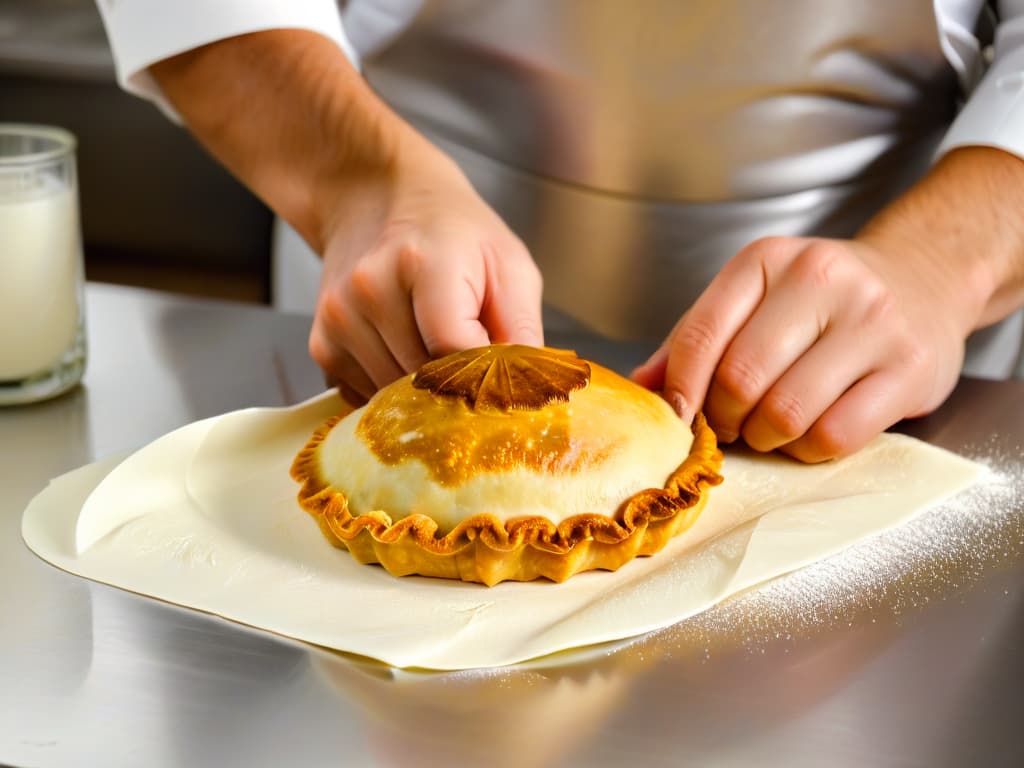  A closeup, ultradetailed image of a skilled pastry chef expertly folding the edges of a sweet empanada, showcasing intricate and precise pleats in the dough. The chef's hands are impeccably clean, with a subtle dusting of flour adding to the artistry of the process. The dough is a golden hue, glistening slightly under the soft glow of a kitchen light, highlighting the craftsmanship and expertise required in perfecting this traditional technique. hyperrealistic, full body, detailed clothing, highly detailed, cinematic lighting, stunningly beautiful, intricate, sharp focus, f/1. 8, 85mm, (centered image composition), (professionally color graded), ((bright soft diffused light)), volumetric fog, trending on instagram, trending on tumblr, HDR 4K, 8K