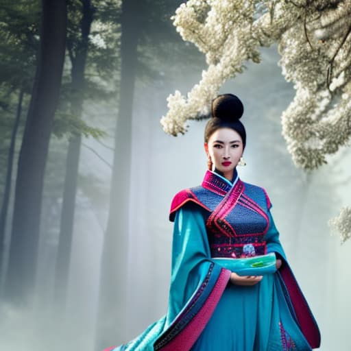 wa-vy style Young fierce Chinese woman in traditional Chinese clothes against the background of a clearing full length hyperrealistic, full body, detailed clothing, highly detailed, cinematic lighting, stunningly beautiful, intricate, sharp focus, f/1. 8, 85mm, (centered image composition), (professionally color graded), ((bright soft diffused light)), volumetric fog, trending on instagram, trending on tumblr, HDR 4K, 8K