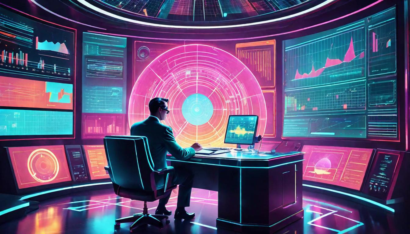  retro futuristic A person at a desk surrounded by floating holographic charts and glowing analytics. Intuition, professional insight, application. lvintage sci fi, 50s and 60s style, atomic age, vibrant, highly detailed