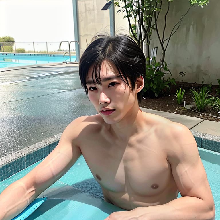  A 20 year old Japanese man, wearing swimming briefs, lay on the ground next to the swimming pool and pretended to be dead.