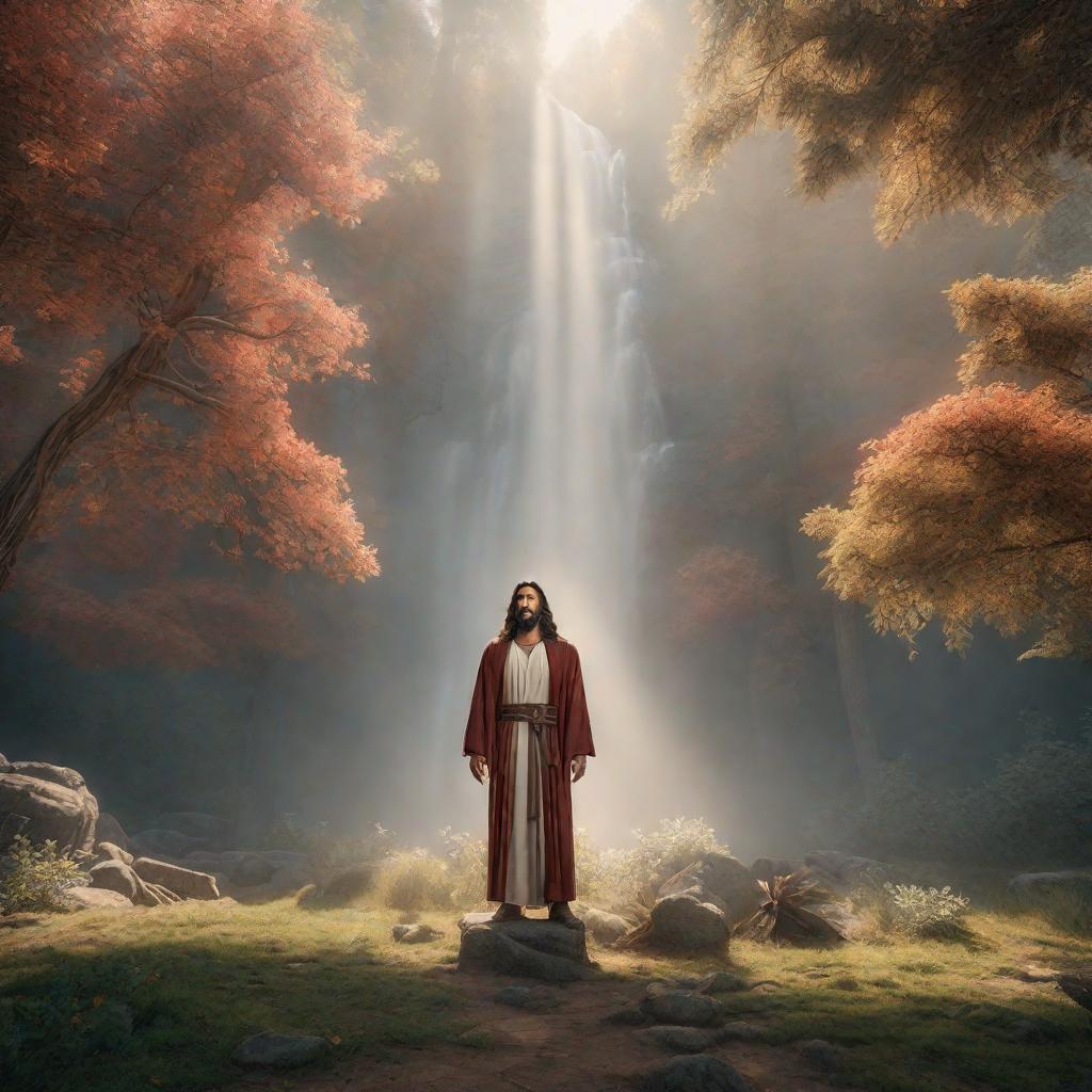  Jesus hyperrealistic, full body, detailed clothing, highly detailed, cinematic lighting, stunningly beautiful, intricate, sharp focus, f/1. 8, 85mm, (centered image composition), (professionally color graded), ((bright soft diffused light)), volumetric fog, trending on instagram, trending on tumblr, HDR 4K, 8K