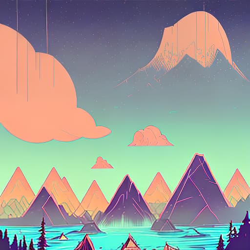 nvinkpunk Whimsical mountains with trees, water, and camping