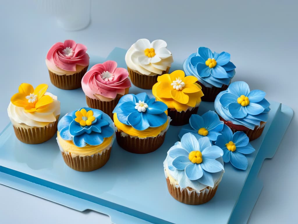  A closeup, ultradetailed image of a freshly baked batch of colorful and decadent cupcakes specifically designed for diabetics. The cupcakes are beautifully decorated with sugarfree frosting in vibrant hues of pink, blue, and yellow, topped with delicate edible flowers and sprinkles. The intricate piping work on the frosting showcases intricate patterns and designs, highlighting the care and artistry put into creating these guiltfree treats. Each cupcake is placed on a sleek, modern serving platter, with soft lighting casting a subtle glow on the desserts, emphasizing their appeal and tempting nature despite being suitable for diabetic individuals. hyperrealistic, full body, detailed clothing, highly detailed, cinematic lighting, stunningly beautiful, intricate, sharp focus, f/1. 8, 85mm, (centered image composition), (professionally color graded), ((bright soft diffused light)), volumetric fog, trending on instagram, trending on tumblr, HDR 4K, 8K