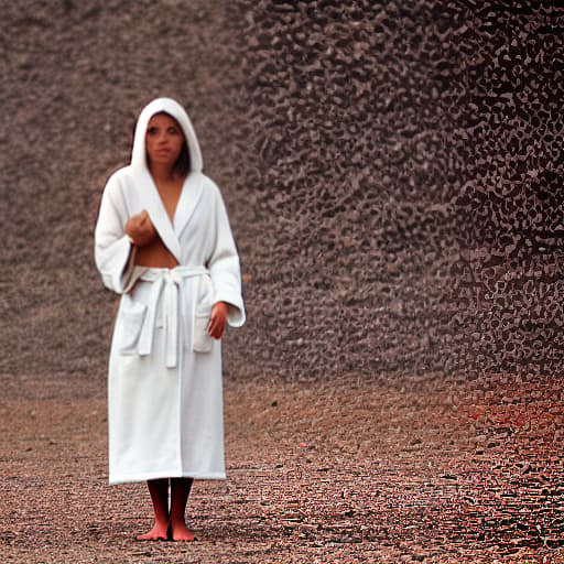  a human woman wearing a robe without anything else