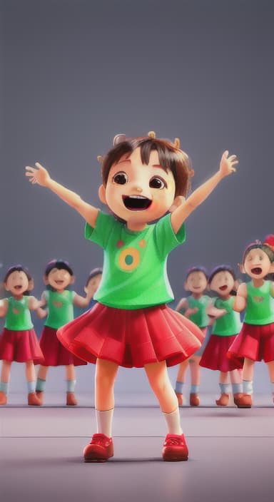  {Children singing and dancing with wide smiles and musical notes floating around them., Kids joyfully dancing and singing, showing their energy and happiness.