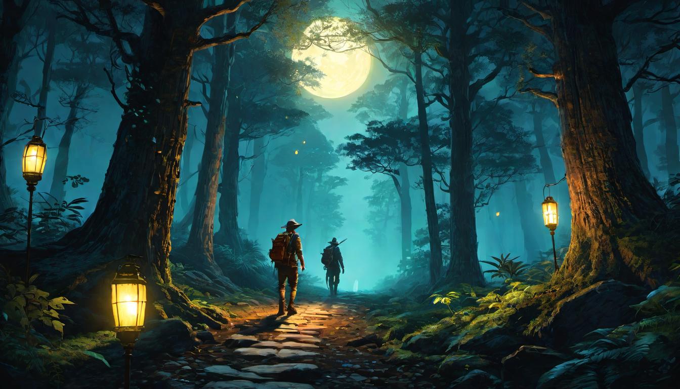  digital illustration Travelers with lanterns walking through an ancient forest at night, mystery and exploration, seeking light amidst obscurity, lantern light amidst ancient trees, journey of discovery, shadows and light interplay looking at viewer, dynamic pose, (intricate details, masterpiece, best quality)